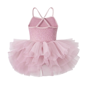 Detail of pink girls' ballet tutu leotard with sequin bodice and crisscross back straps