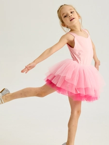 Pink girl's ballet tutu dress with layered tulle skirt and sparkly silver dance shoes