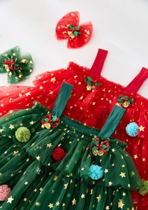 Detail of toddler girls Christmas tutu dress with gold stars and festive plush pom-poms