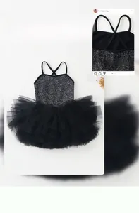 Detail of girls black ballet tutu dress with sequin bodice and cross straps back