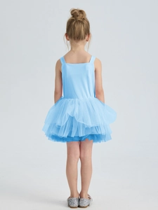 Sleeveless sky blue girls ballet tutu dress with multi-layer mesh skirt from back view