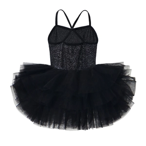 Detail of girls black ballet leotard with sequined bodice and crisscross back straps