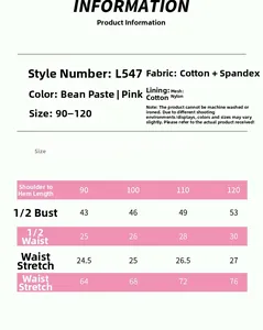 Detailed size chart for girls ballet dress with cotton fabric and measurements