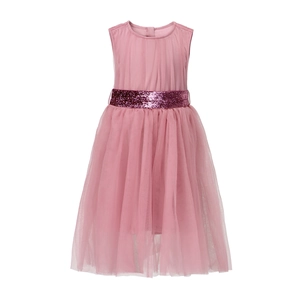 Detail of pink tulle flower girl dress featuring a sparkling purple sequin waistband