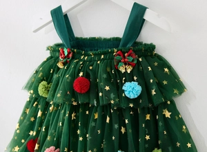 Close-up of girls Christmas tutu dress with gold stars and festive holiday details