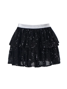 Girls' black sequin tutu skirt with double-layered tulle and silver elastic waistband