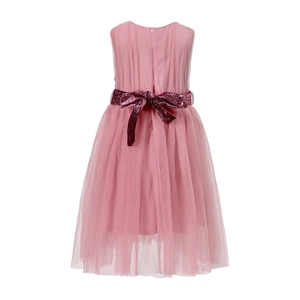Detail of pink tulle dress with dark purple sequin bow belt for girls party