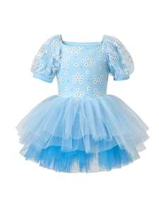 Girls Princess Ballet Tutu Dress Floral Heart Print Mesh Puff Sleeve Performance Party Dress Layered Tulle Summer Dress
