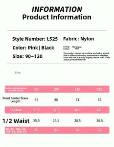 Size chart for girls ballet dance dress showing fabric details and measurements