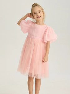 Mädchen Tüllkleid in Rosa mit Puffärmeln und mehrlagigem Rock im eleganten Prinzessin-Stil