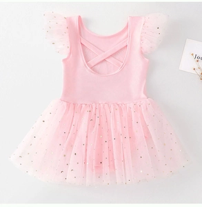 Detail of pink girls ballet tutu with gold stars sequins and ruffled sleeve design