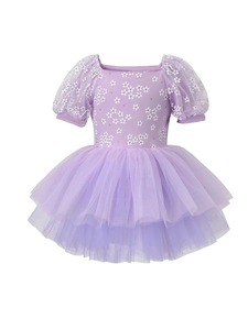 Short sleeve girls ballet tutu dress in lilac with daisy floral print and mesh sleeves