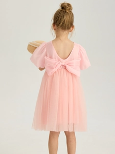 Rosa Tüllkleid für Mädchen mit Puffärmeln und großer Schleife für Partys und Anlässe