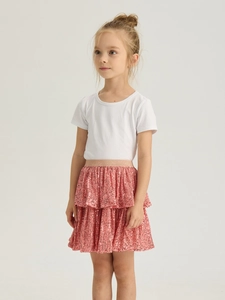 Girls' summer set featuring a white cotton T-shirt and pink sequin layered tutu skirt