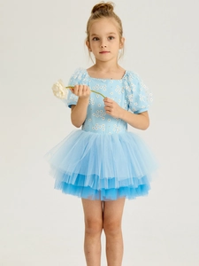 Short sleeve girls ballet tutu dress in light blue with floral prints and mesh skirt