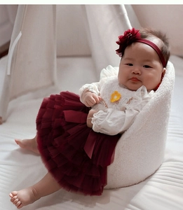 Detail view of baby girl burgundy tulle cake skirt and white lace long sleeve top set