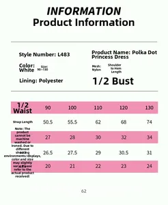 Guide des tailles pour robe à pois pour filles avec mesures de longueur, buste et taille
