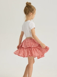 Pink sequin tiered tutu skirt for girls featuring a golden elastic waistband and layers