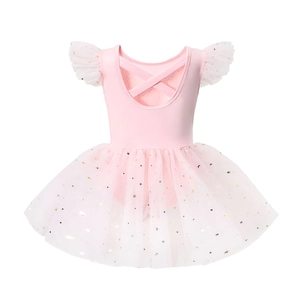 Detail of pink girls ballet tutu with gold star moon patterns and crisscross back