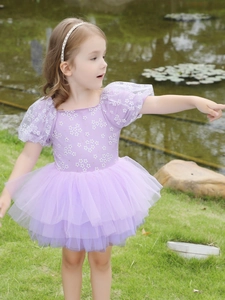 Purple girls' ballet tutu dress with floral pattern and mesh sleeves on green lawn