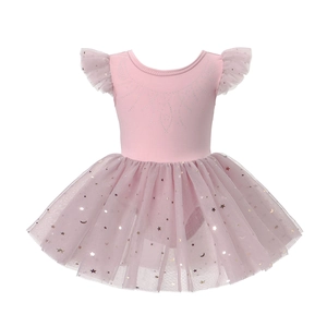 Detail of pink girls ballet tutu with glittery star moon sequins and rhinestone accents
