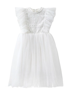 Elegante abito bianco in pizzo da bambina con gonna in tulle e maniche a volant