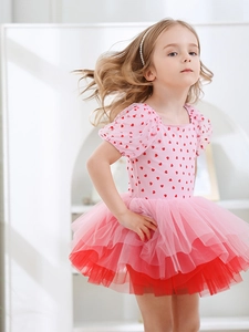 Pink heart print tutu ballet dress for girls with puff sleeves and layered mesh skirt