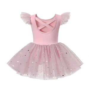Detailed view of pink girls ballet tutu with gold star sequins and criss-cross back straps