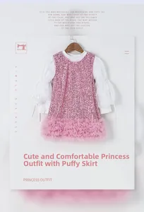 Detailed view of pink sequin princess dress with white puff sleeves and layered tulle skirt