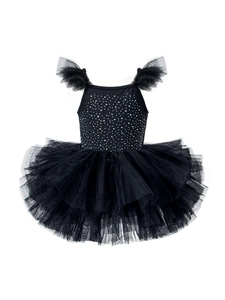 Girl's black ballet tutu leotard with sparkling rhinestones and ruffled mesh sleeves