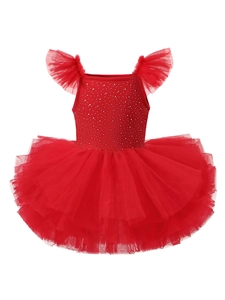 Red ballet tutu for girls featuring sparkly rhinestones and layered ruffle sleeves