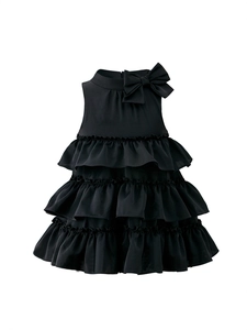 Elegant sleeveless black girls tiered cake dress with a large side bow detail