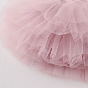 Detail showing layers of pink soft tulle with shiny sequins for girls ballet tutu skirt