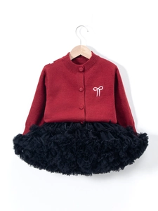 Ensemble cardigan rouge tricoté pour filles et jupe tutu noire multicouche