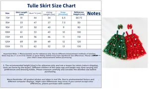 Detailed size chart for toddler girls' Christmas tutu dress with pompom layers