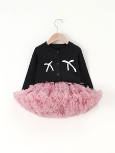 Ensemble cardigan en tricot noir avec nœuds et jupe tutu rose pour filles