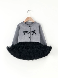 Robe cardigan grise pour fille avec nœuds en velours noir et jupe tutu en tulle