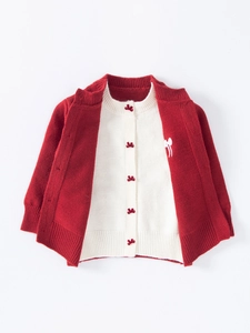Ensemble cardigan en tricot rouge pour filles avec broderie nœud et couche intérieure