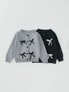 Cardigan en tricot style coréen pour filles avec nœuds en gris et noir