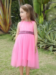 Pink tulle girls party dress with sequin belt, puffy sleeveless princess gown design