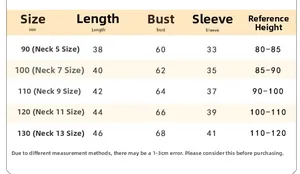 Size chart for girls' Christmas puff sleeve dress with length and bust measurements