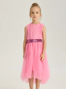 Pink girls party dress with sequin belt and layered tulle hi-low princess skirt