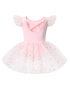 Girls Pink Ballet Tutu Dress Polyester Mesh Flutter Sleeve Gold Star Moon Sequins Gymnastics Dance Leotard For Children