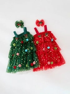 Toddler Girls Christmas Tulle Princess Dress Star Gilding Layered Tutu Skirt Holiday Pom Pom Sleeveless Polyamide Outfit