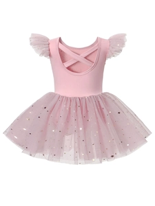 Pink girls' ballet tutu dress with ruffled sleeves and sequin stars for stage performance