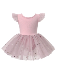 Pink girls ballet leotard with rhinestone neckline and glitter star mesh skirt