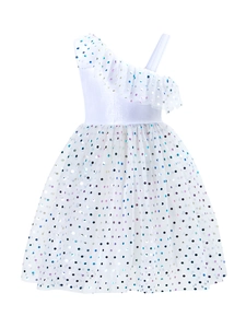 Robe de Princesse à Pois à Paillettes à Une Épaule pour Filles en Maille à Volants en Tulle pour Fête Mariage en Polyester