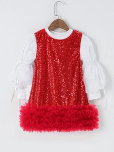 Girls Christmas Princess Dress Sparkling Sequin Mesh Patchwork Puff Sleeve Festive Party Gown Cotton Lining For Toddlers