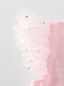 Pink girl's ballet leotard featuring layered ruffle sleeves and gold star sequins