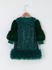 Girls' dark green sequined princess dress with lantern sleeves and mesh skirt hem